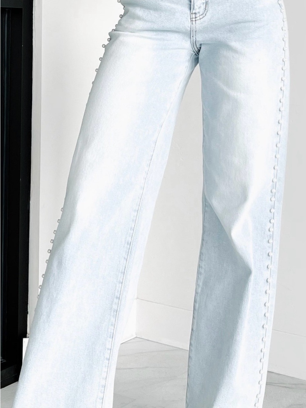 Vibrant Light Blue Wide-Leg Jeans with Side Pearl Trim